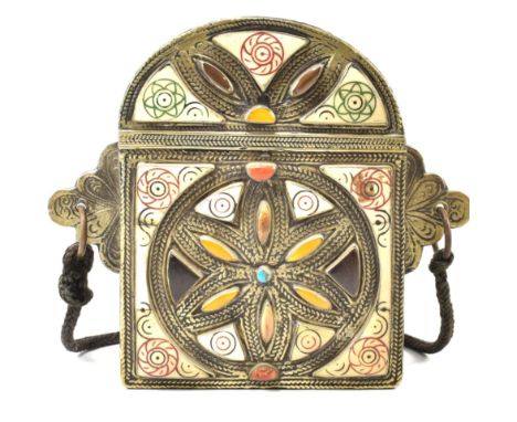 A middle eastern Islamic Moroccan Qur'an Koran box/carry case. The case having inlaid enamel and hand painted inlaid bone to 