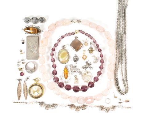 A collection of costume jewellery and jewellery fragments. The large collection to include beaded necklaces, rose quartz, fac