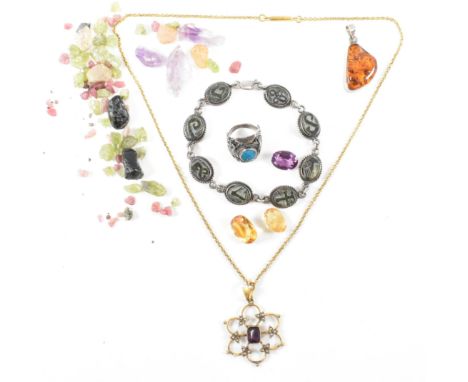 A collection of silver and costume jewellery and loose gemstones. The lot to include a silver and green hard stone panel brac