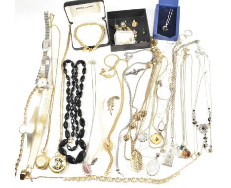 A collection of costume and silver jewellery including a cultured pearl necklace. The costume jewellery include gold and silv