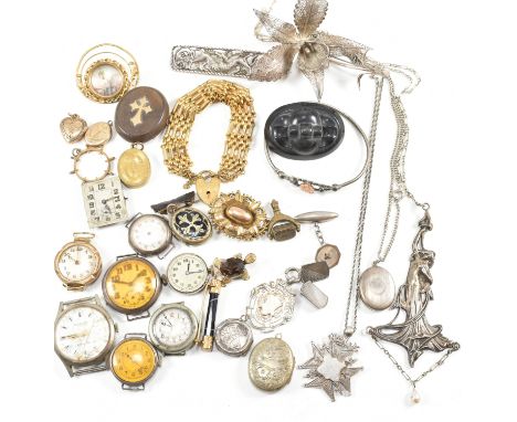A collection of 19th and 20th century jewellery and watches to include, bangle, gate link bracelet, pendants, watches, locket