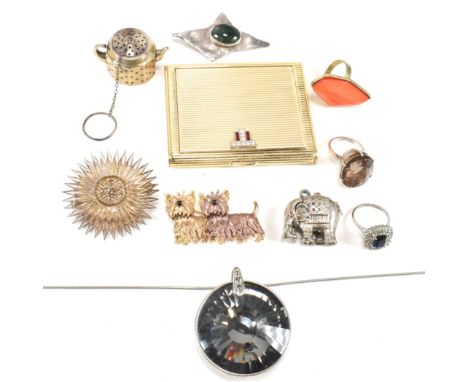 A collection of silver and costume jewellery and accessories including a powder compact. The jewellery to include a silver pi