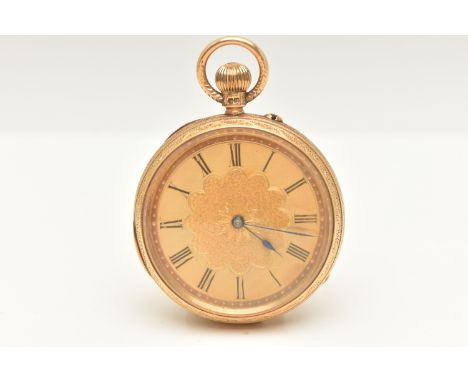 A LATE VICTORIAN 18CT GOLD OPEN FACE POCKET WATCH, manual wind, round gold textured dial with Roman numerals and blue steel h
