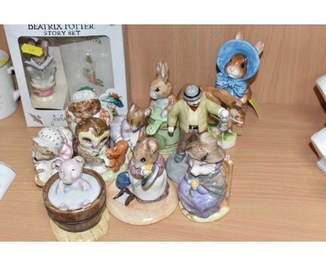 TWELVE BESWICK MOSTLY BEATRIX POTTER CHARACTER FIGURINES comprising a boxed 'Tailor of Gloucester' story set comprising a boo