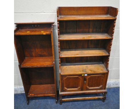 TWO 20TH CENTURY OAK BOOKCASES, the larger bookcase with double cupboard doors, width 69cm x depth 27cm x height 137cm, along