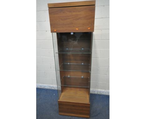 A WALNUT DISPLAY CABINET, the single glass door enclosing three glass shelves, width 64cm x depth 44cm x height 206cm, condit