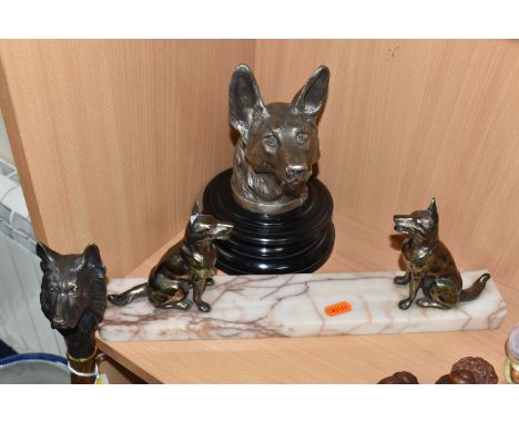 THREE METAL ALSATIAN GERMAN SHEPHERD DECORATIVE ITEMS comprising a mounted bust of an Alsatian after L. Carvin, marked to the