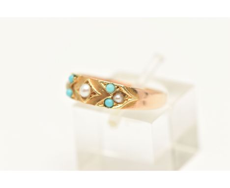 A VICTORIAN 15CT GOLD TURQUIOSE AND PEARL RING, set with three split pearls and four small turquoise cabochon, to a polished 