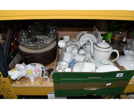 TWO BOXES AND LOOSE CERAMICS AND GLASSWARE to include a large quantity of white tea and coffee ware to include Royal Worceste
