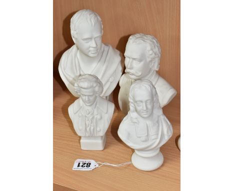FOUR PARIAN BUSTS, comprising Sir Walter Scott, marked 'R &amp; L', height 19cm (hairline, two small chips on base), a WH Gos