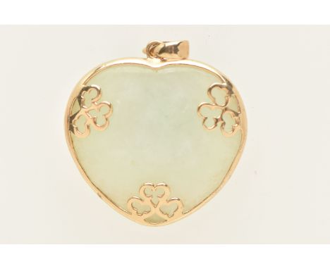 A 9CT GOLD MOUNTED JADE PENDANT, of a polished heart form, detailed claw settings within a polished mount fitted with a taper