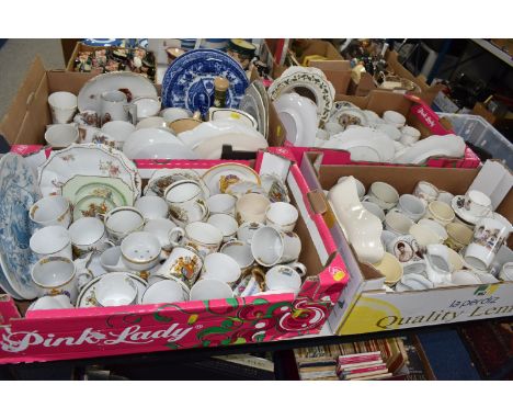 FOUR BOXES OF  ROYAL COMMEMORATIVE CERAMICS,  to include a large quantity of mugs, shaving mug, beakers, plates, sugar bowl, 