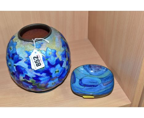 A LIMOGES ENAMELLED VASE MARKED 'C. FAURE' AND AN ENAMELLED TRINKET DISH comprising a spherical enamelled blue floral vase wi