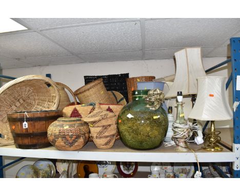 TABLE LAMPS AND WICKER STYLE BASKETS ETC, to include a bronzed effect copper lamp with shade, green onyx lamp, two ceramic la