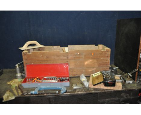 A WOODEN TOOLCHEST CONTAINING AUTOMOTIVE AND ENGINEERING TOOLS including a partial socket set, bearing pullers, a marking sta