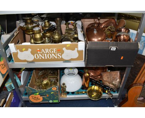 THREE BOXES AND LOOSE BRASS AND COPPERWARE, comprising a copper kettle, ladle, planters, wall plaques, bed warmer, brass cham