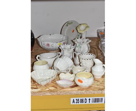 A COLLECTION OF BELLEEK PORCELAIN, comprising a Princess vase decorated with applied Lily of the Valley, roses and carnations