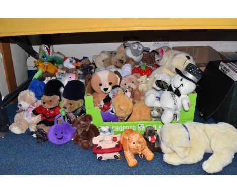 THREE BOXES AND LOOSE PLUSH BEARS AND ANIMALS, to include a DanDee 2000 collectable snowman, a Harrods' Queens guard bear, Ha