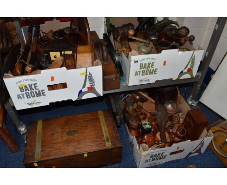 THREE BOXES AND LOOSE WOOD AND TREEN ETC, to include a distressed mahogany and inlaid sewing box with contents, a brass bound