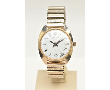 A GENTS MASONIC WRISTWATCH, AF requires some attention, does not wind, round white dial signed 'Spezial', Masonic tools and e