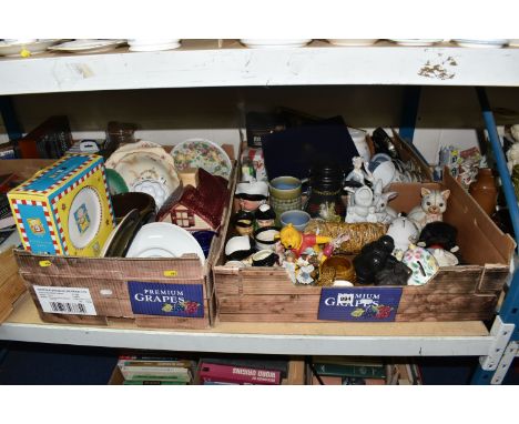 THREE BOXES OF CERAMICS AND ORNAMENTS, to include a boxed Royal Worcester cheese platter/cake plate, a collection of glass pa