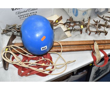 A COLLECTION OF VINTAGE MOUNTAIN CLIMBING ITEMS, to include two mid-century Austrian ice picks, one marked 'Himalaya-Pickel M