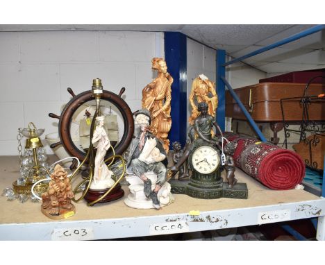 A COLLECTION OF ORNAMENTAL HOME ITEMS, to include 1999 Crosa Juliana Quartz mantel clock, in a green bronze effect lady sitti