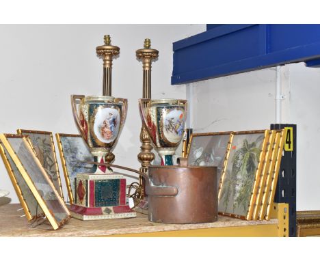 A GROUP OF LARGE ORNAMENTS, FRAMED BOTANICAL PICTURES, AND A COPPER PAN to include two decorative pedestal urns back stamped 