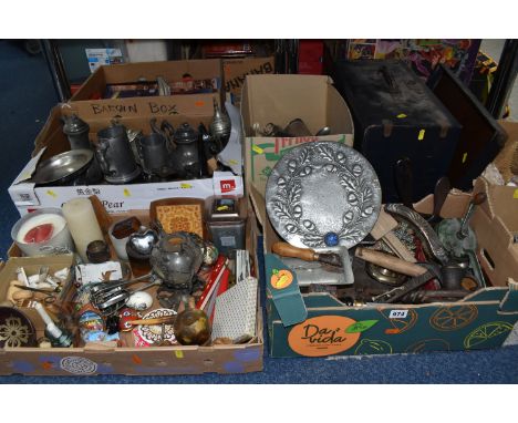 FOUR BOXES AND LOOSE METALWARE AND SUNDRIES, to include a Spong's No.632 'Bean Slicer', vintage herb chopper, a cast tin open