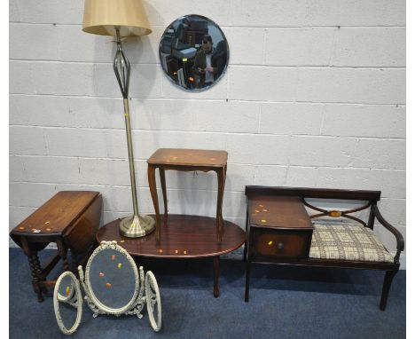 A SELECTION OCCASIONAL FURNITURE, to include an oak drop leaf table, an oval coffee table, a lamp table, two mirrors, a stand