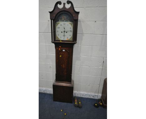 A GEORGIAN OAK EIGHT DAY LONGCASE CLOCK, with twin swan neck pediment, the arched glass door enclosing a 12 inch enamel dial,