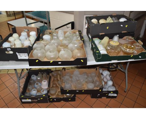 NINE BOXES OF VINTAGE GLASS LAMPSHADES, approximately seventy glass shades, assorted designs and colours, mottled 1930s shade