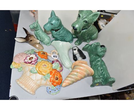 A GROUP OF SYLVAC AND BESWICK ORNAMENTS AND WALL POCKETS, comprising a fireside green terrier 1209, height 27cm, green terrie