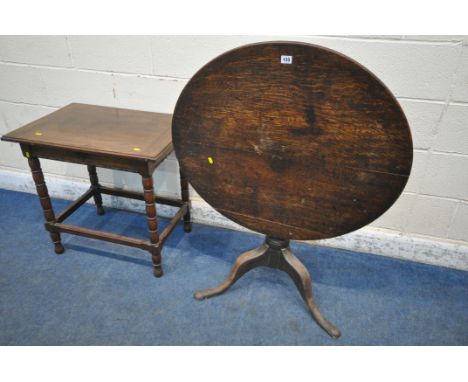 A GEORGIAN OAK TILT TOP TRIPOD TABLE, diameter 85cm x height 68cm, along with an oak bobbin turned occasional table, conditio