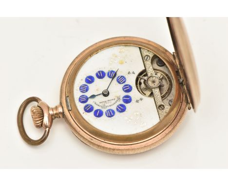 A ROLLED GOLD FULL HUNTER POCKET WATCH, manual wind, white dial signed 'Hebomas Patent 8 Days Swiss Made', Roman numerals eac