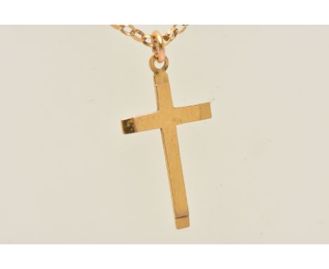 A 9CT YELLOW GOLD CROSS PENDANT AND CHAIN, the plain polished cross pendant, suspended from a belcher-link chain, pendant and