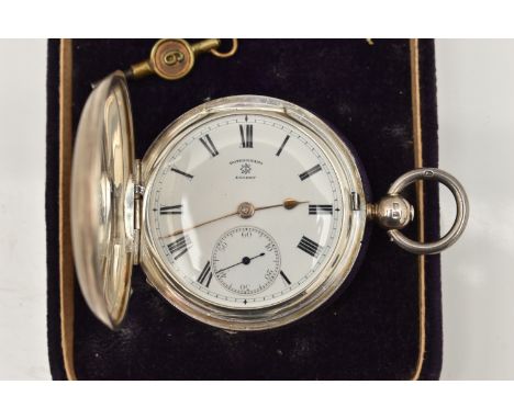 A SILVER 'ROTHERHAMS' FULL HUNTER POCKET WATCH, key wound movement, round white dial signed 'Rotherhams London', Roman numera