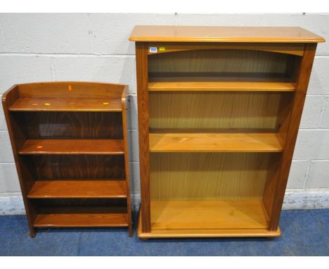 A MODERN PINE OPEN BOOKCASE, width 88cm x depth 30cm x height 124cm, along with a smaller bookcase, condition report: missing