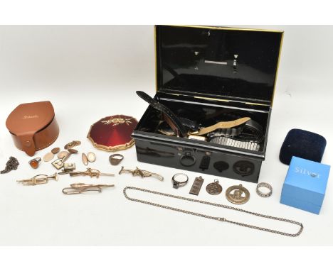 A BOX OF ASSORTED ITEMS, to include a 'Georg Jensen' silver St. Christopher pendant, hallmarked London, a silver ingot pendan