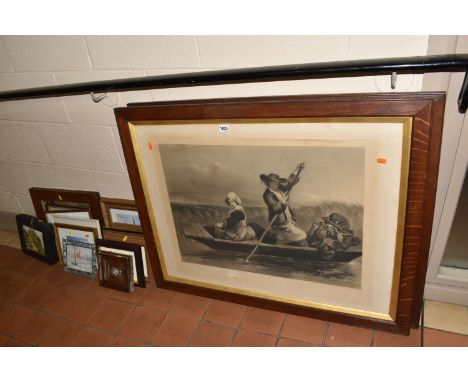 A SMALL QUANTITY OF PICTURES AND PRINTS, to include a distressed oil on canvas water landscape, signed William Mellor bottom 