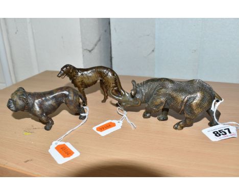 THREE BRONZE SCULPTURES comprising a bulldog height 5cm x length 9cm (some scratches to the chest), a borzoi dog with a red p