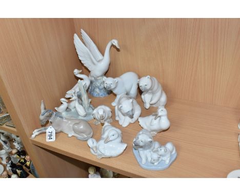 A GROUP OF LLADRO AND NAO ANIMAL AND BIRD FIGURES, comprising Lladro: Donkey model no 4679, sculptor Juan Huerta, issued 1970