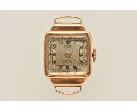 A LADIES YELLOW METAL WATCH HEAD, manual wind watch with square silver dial signed 'Sully, 15 Rubis', Arabic numerals, missin