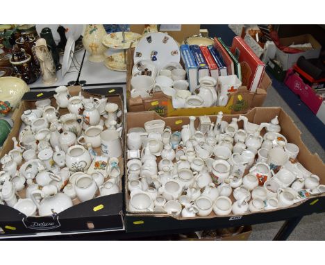 THREE BOXES OF CRESTED WARE, to include a quantity of W.H.Goss jugs, vases, pots, sugar sifter, mugs, ewer and ornaments plac