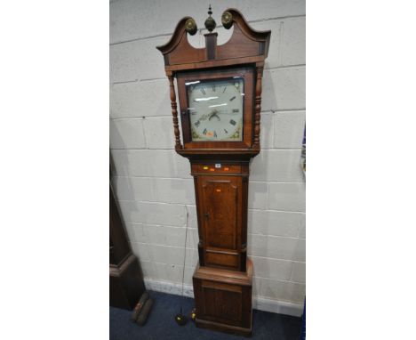 A GEORGIAN OAK THIRTY HOUR LONGCASE CLOCK, the twin swan neck pediment, flanking a central finial, the square glass door encl