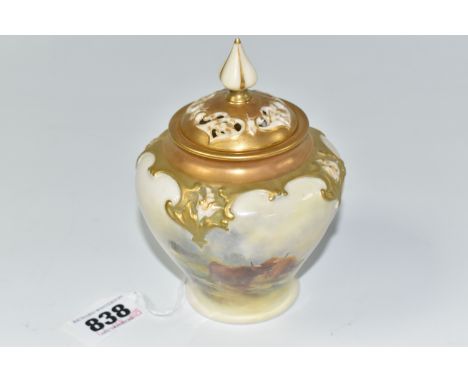 A HARRY STINTON FOR ROYAL WORCESTER 'HIGHLAND COW' POT POURRI VASE AND COVER with a hand painted scene depicting two highland