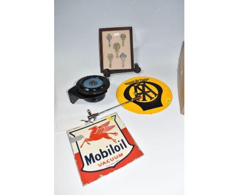 ONE BOX OF VINTAGE MOTORING ITEMS, to include a metal AA round enamel sign approximately 19cm, a square metal Mobil oil adver