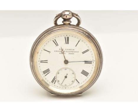 A WHITE METAL OPEN FACE POCKET WATCH, key wound movement, round white dial signed 'H.B. Crouch Cardiff &amp; Glastonbury Swis