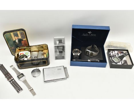A BOX OF ASSORTED ITEMS to include a selection of wristwatches, names to include Casio, Aegis and Bellan and Rose, five pocke