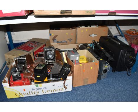 FIVE BOXES AND LOOSE CAMERAS AND PHOTOGRAPHIC EQUIPMENT, to include an Eiki LC colour video projector LC-1510, a Rollei proje